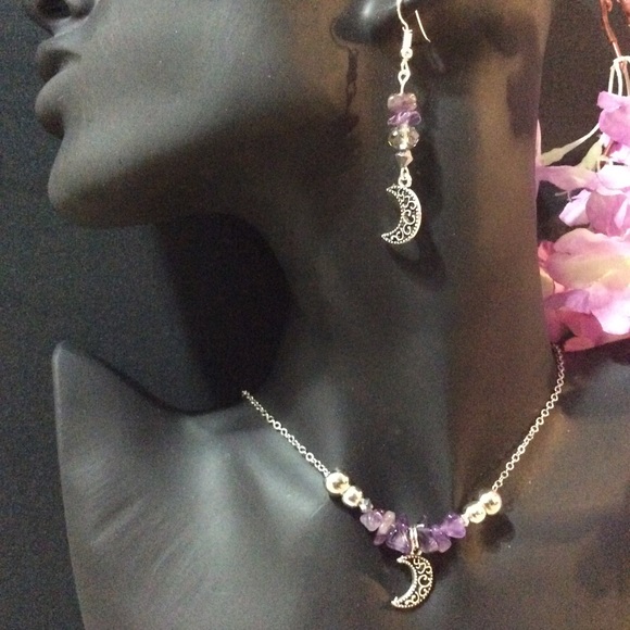 🌸 AMETHYST NECKLACE & EARRINGS MOON BOHO BUNDLE BOHEMIAN SET CHARM PENDANT BEAD - Picture 7 of 7
